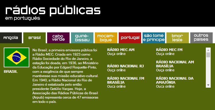 Rádios Públicas: Brasil, Portugal, Angola, Moçambique, Macau, Timor Leste, Cabo Verde, Guiné-Bissau e São Tomé e Príncipe