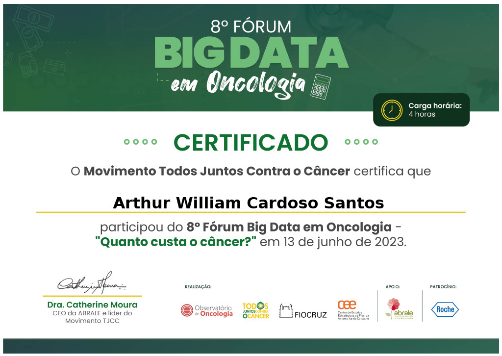 certificado bigdata cancer oncologia fiocruz arthurwilliam